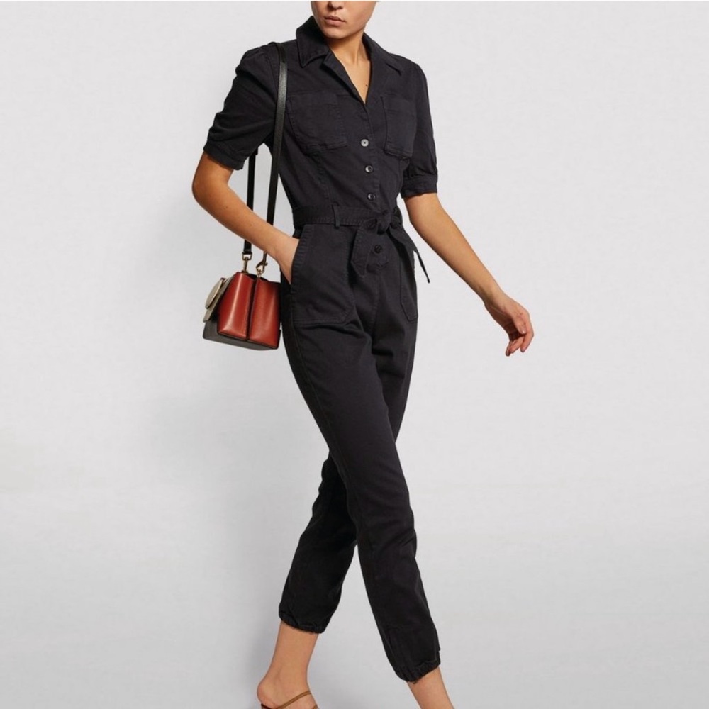 PAIGE 2 Mayslie Cropped Belted Denim Jumpsuit in Black